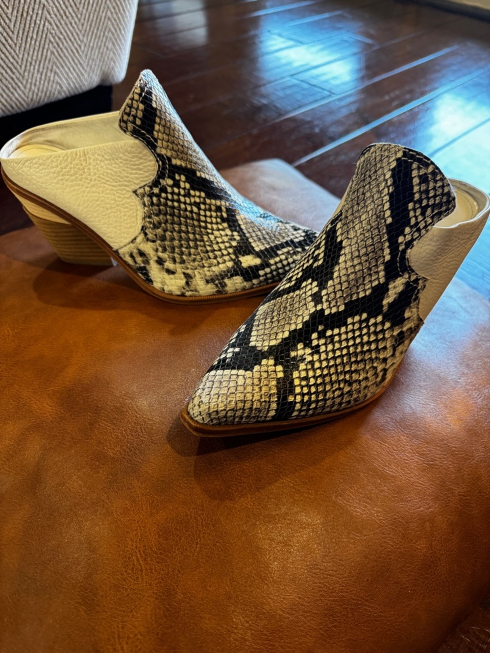 Gianna Bini Women’s Snake-Print Slip-On Mules in Black & White